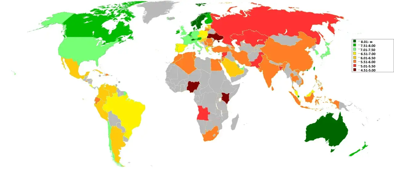 Mapa świata z zaznaczonymi krajami o najwyższej jakości życia