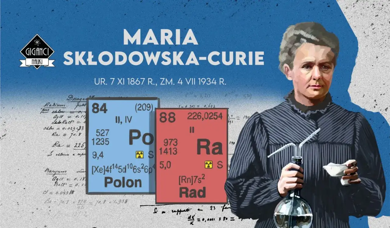 Maria Skłodowska-Curie, która odkryła radioaktywność, na tle swoich notatek i symboli pierwiastków Polonu i Radu.