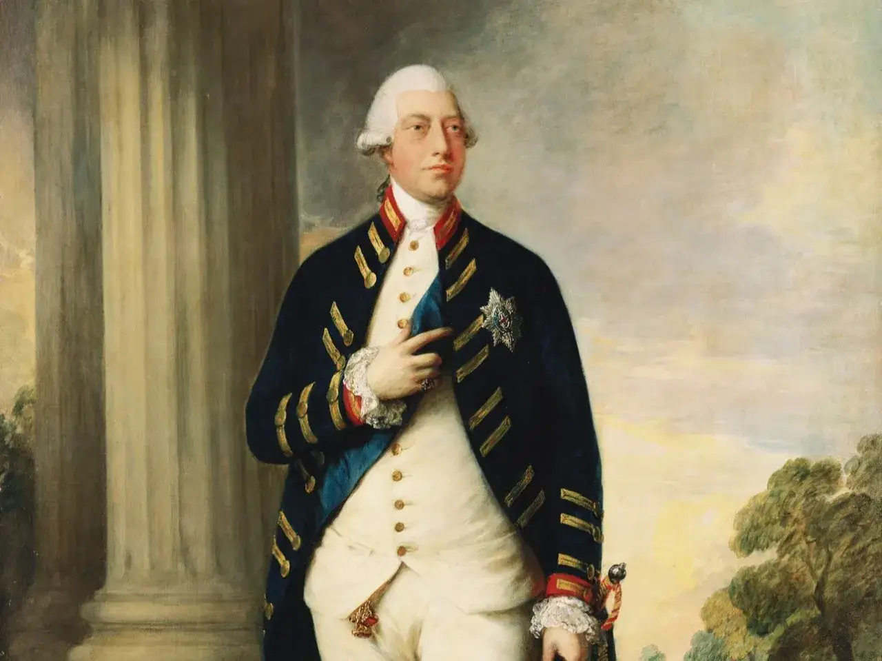 Portret króla Jerzego III, który w serialu Bridgertonowie chorował na chorobę psychiczną. Król w mundurze wojskowym.