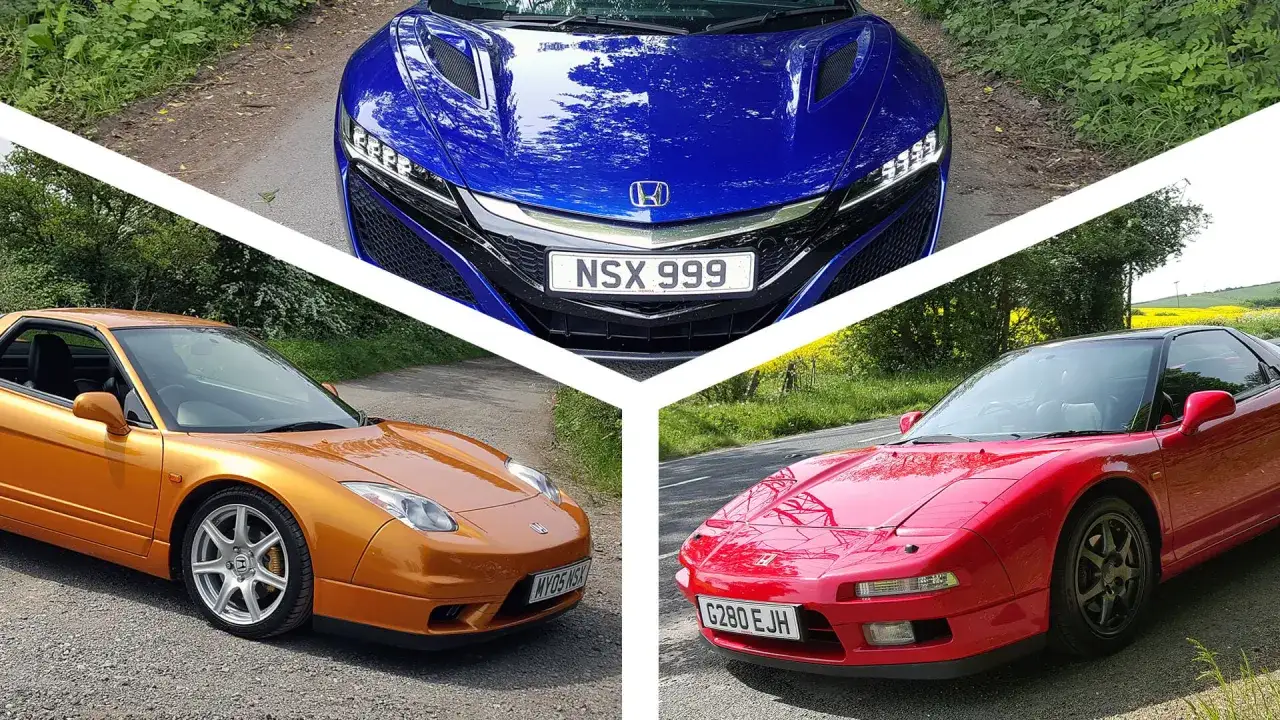 Trzy ikony motoryzacji: pomarańczowy, czerwony i niebieski Honda NSX, prezentujące ewolucję tego sportowego coupe.