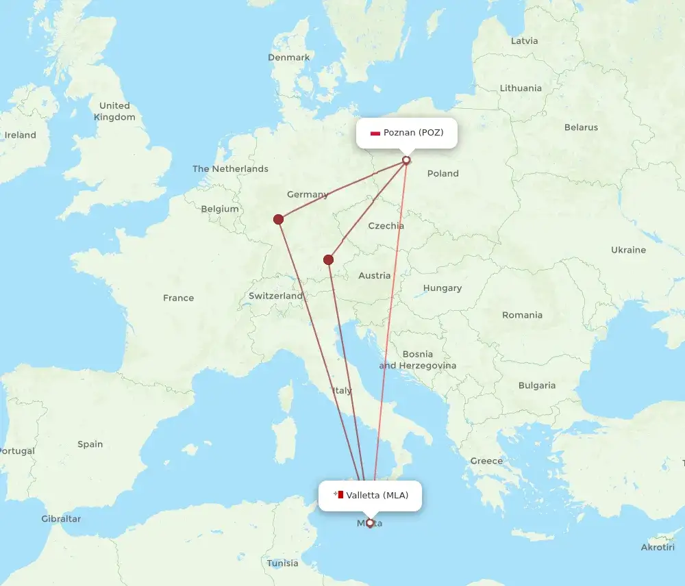 Mapa lotów z Poznania na Maltę z przesiadkami
