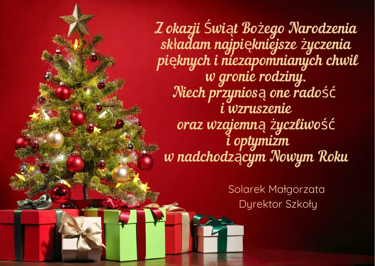 Choinka i prezenty. Z okazji Świąt Bożego Narodzenia życzenia radości, wzruszenia, życzliwości i optymizmu.