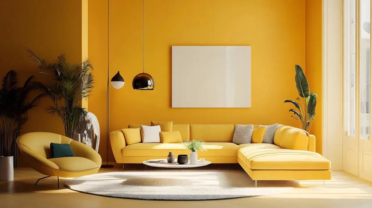 Jasny salon z żółtymi ścianami, idealny do inspiracji, jak pomalować ściany w salonie. Wygodna kanapa i fotel zapraszają do relaksu.