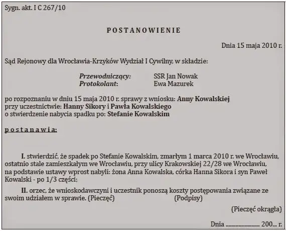 wniosek do sądu, dokumenty spadkowe, pieczęć sądowa