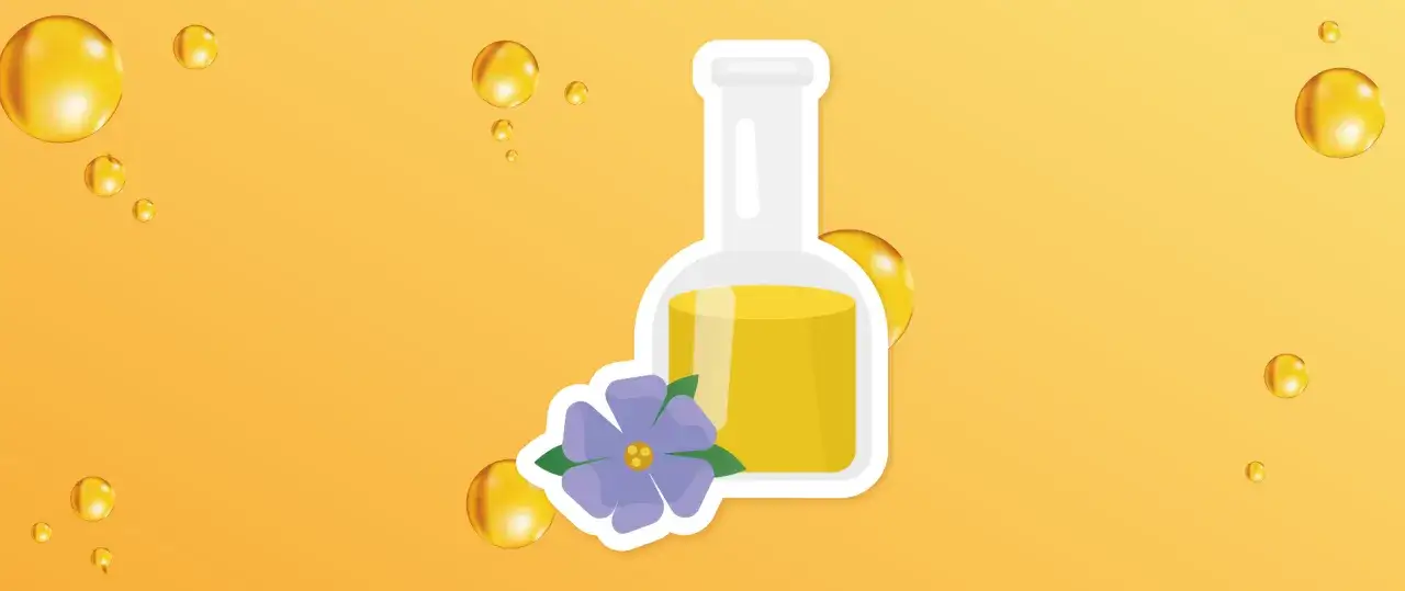 Czy olej roślinny jest zdrowy? Flakonik z ż&oacute;łtym płynem, kwiat i złote kropelki sugerują naturalne pochodzenie i korzyści zdrowotne.