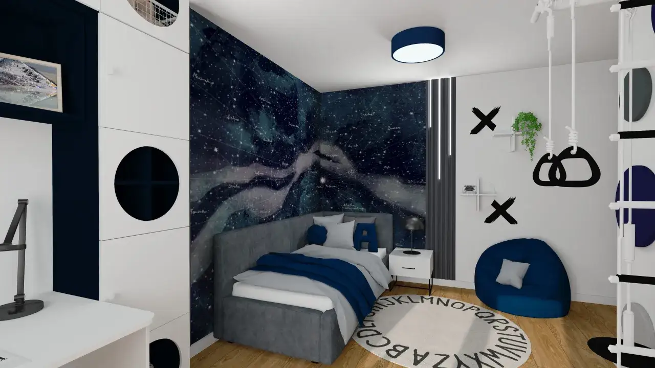 Pokój dla chłopca 10 lat inspiracje: kosmiczna tapeta, łóżko z granatową pościelą, białe meble i okrągły dywan z literami.