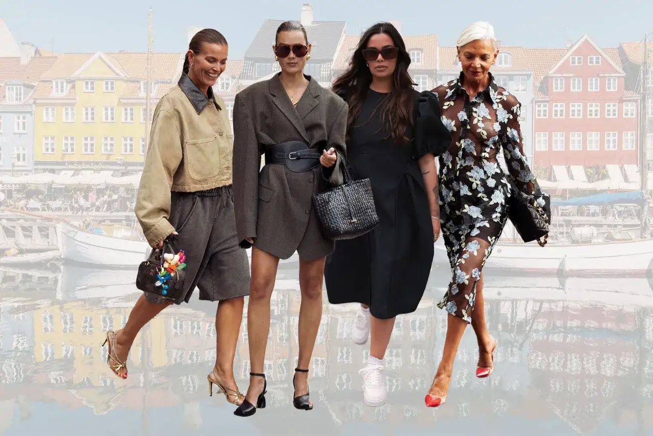 Cztery kobiety prezentują styl inspirowany skandynawskie marki odzieżowe na tle kolorowych kamienic.