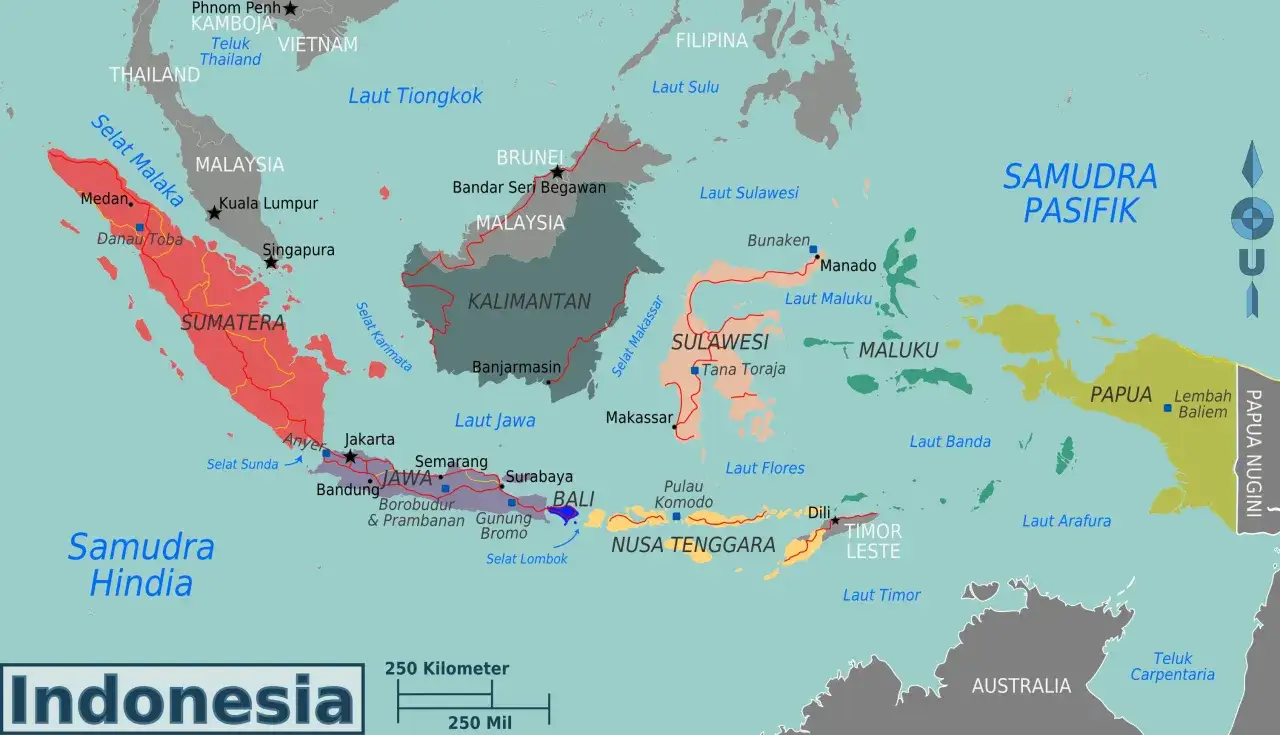 Mapa region&oacute;w Indonezji z zaznaczonymi obszarami ryzyka