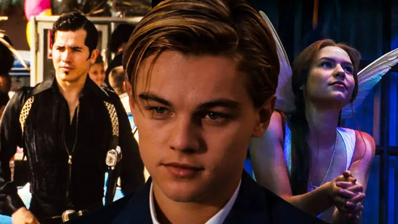 Leonardo DiCaprio jako Romeo, obok niego John Leguizamo jako Tybalt i Claire Danes jako Julia w filmie 