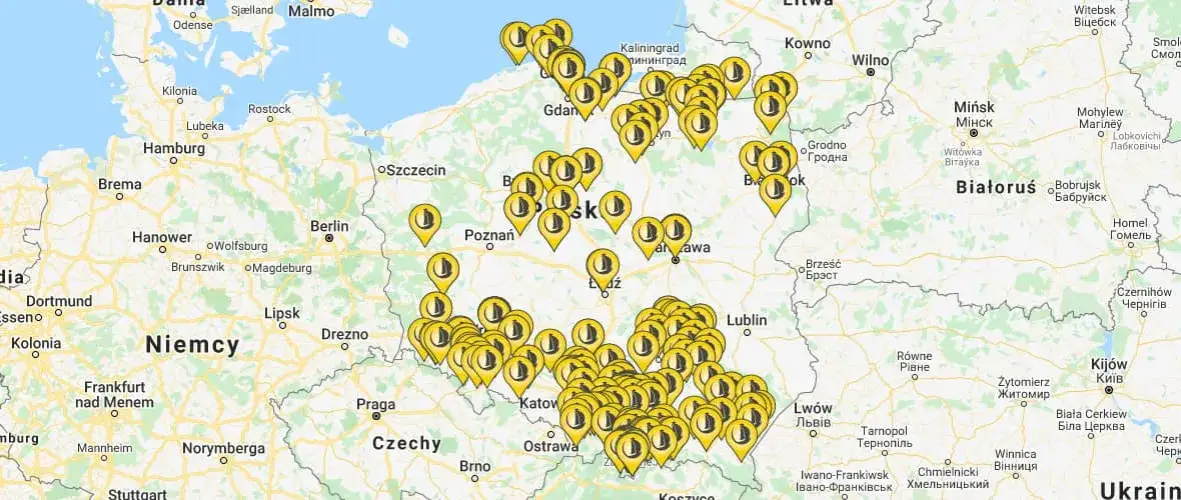Mapa Polski z ikonami miejsc sprzedaży złota inwestycyjnego