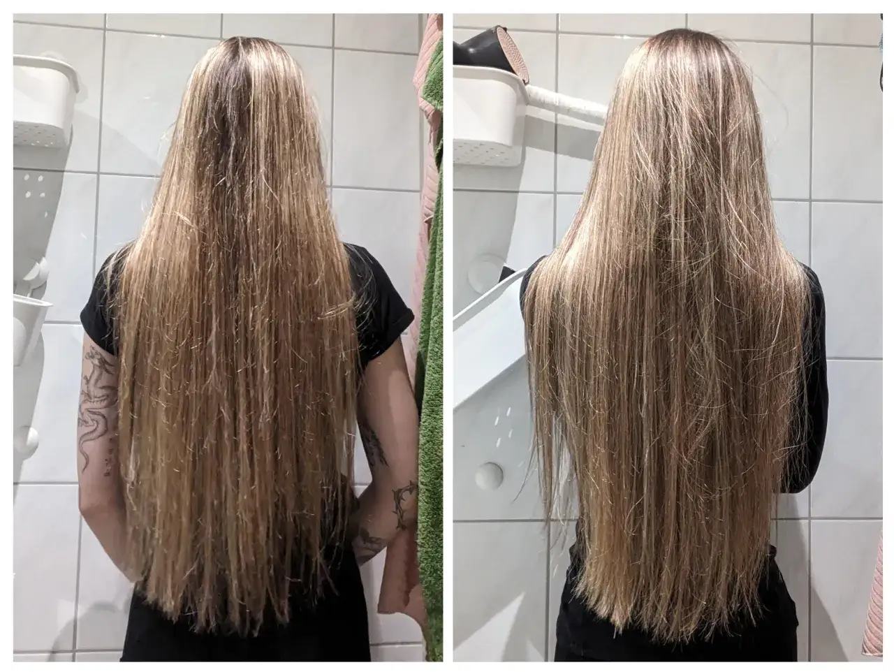 Długie, blond włosy przed i po zastosowaniu olejku z wiesiołka. Włosy po kuracji są bardziej lśniące i wygładzone.