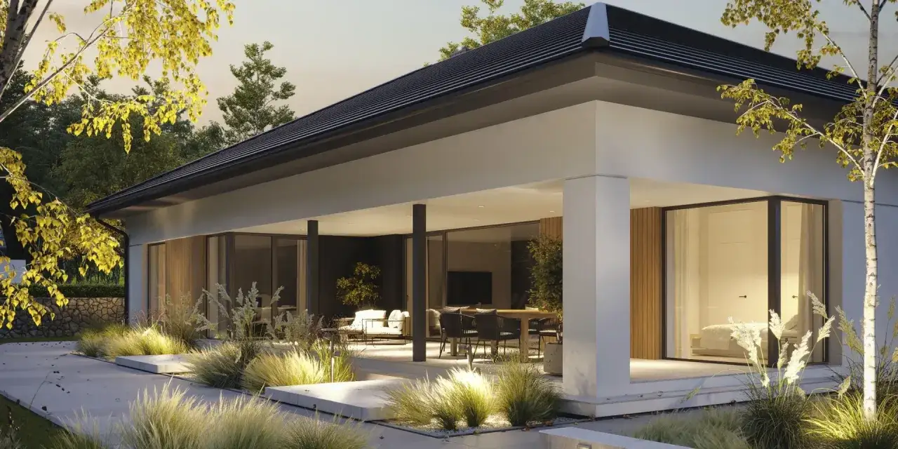 Nowoczesny dom w kształcie litery L z przeszklonymi ścianami, tarasem i ogrodem.