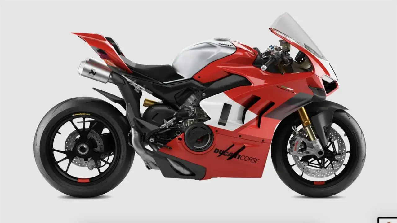 Czerwono-biały motocykl Ducati Panigale V4R z numerem 11, z wydechem Akrapovič i felgami Marchesini.