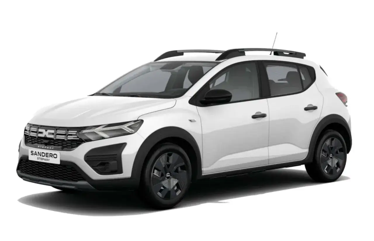Biały Dacia Sandero Stepway z relingami dachowymi. Idealny do miasta i na wypady, z niskim spalaniem.