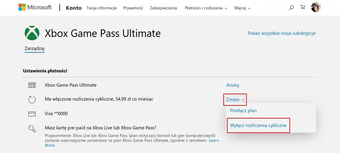 Anulowanie subskrypcji Xbox Game Pass na konsoli