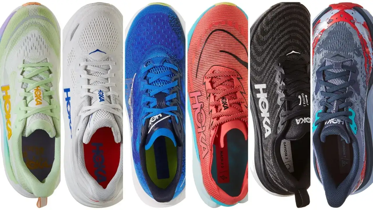 Sześć par but&oacute;w Hoka w r&oacute;żnych kolorach: miętowe, białe, niebieskie, koralowe, czarne i szaro-niebieskie. Hoka to firma znana z innowacyjnych but&oacute;w do biegania.