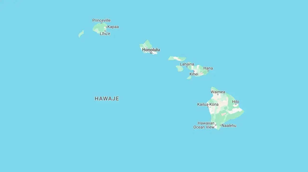 Mapa Hawajów z zaznaczonymi miastami jak Honolulu i Hilo. Zastanawiasz się, ile leci się na Hawaje?