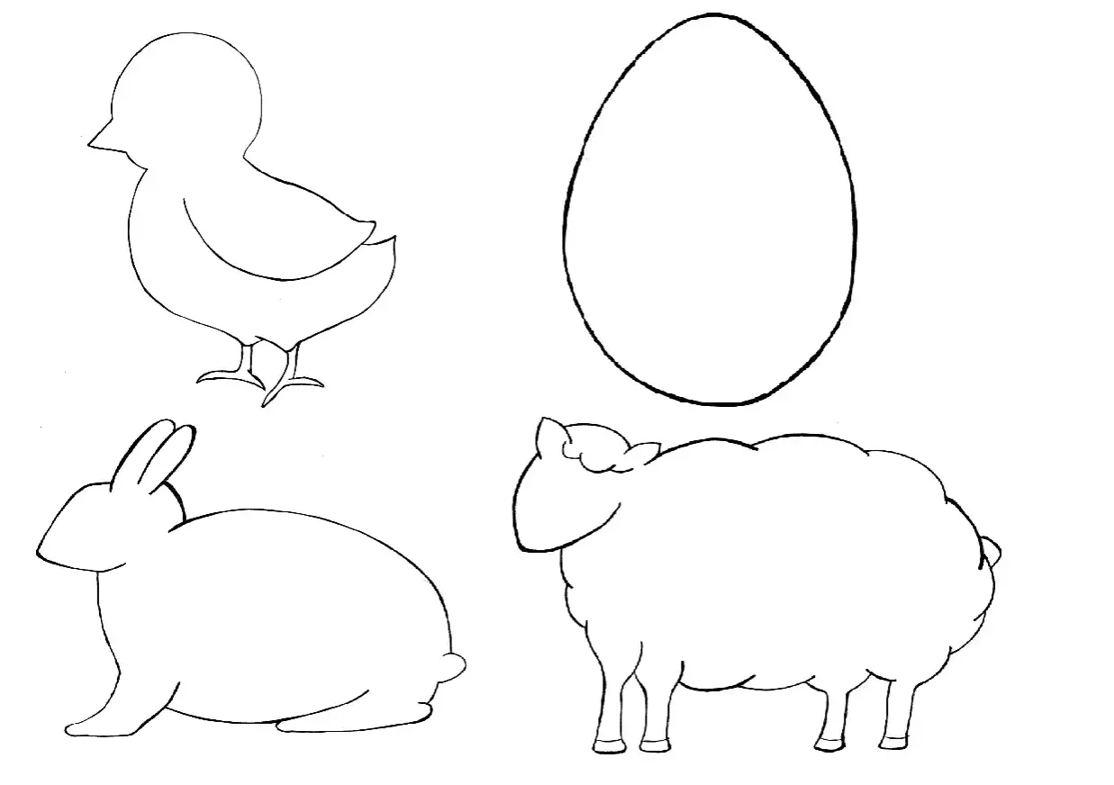 Szablon wielkanocny: królik, kurczak, owca i jajko. Idealny królik wielkanocny szablon do wycinania.