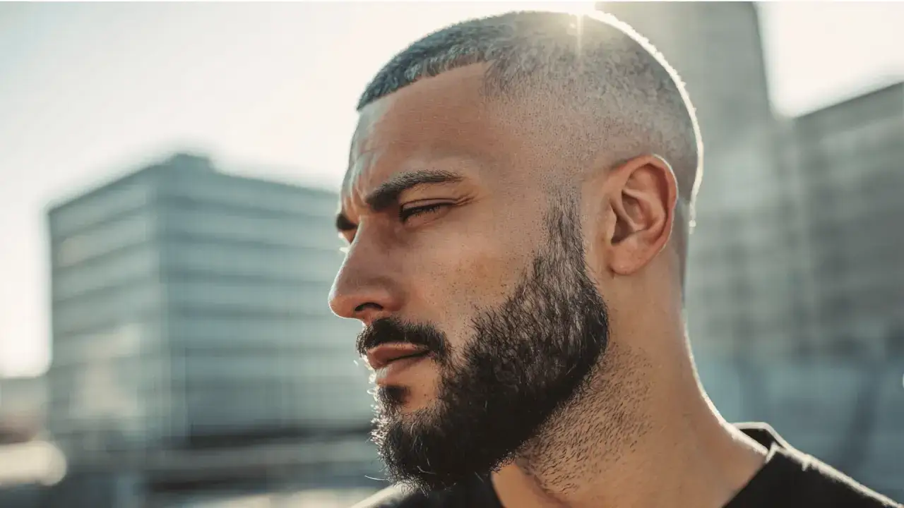 Mężczyzna z zarostem i modnym buzz cut, zamyślony na tle miejskiego krajobrazu.