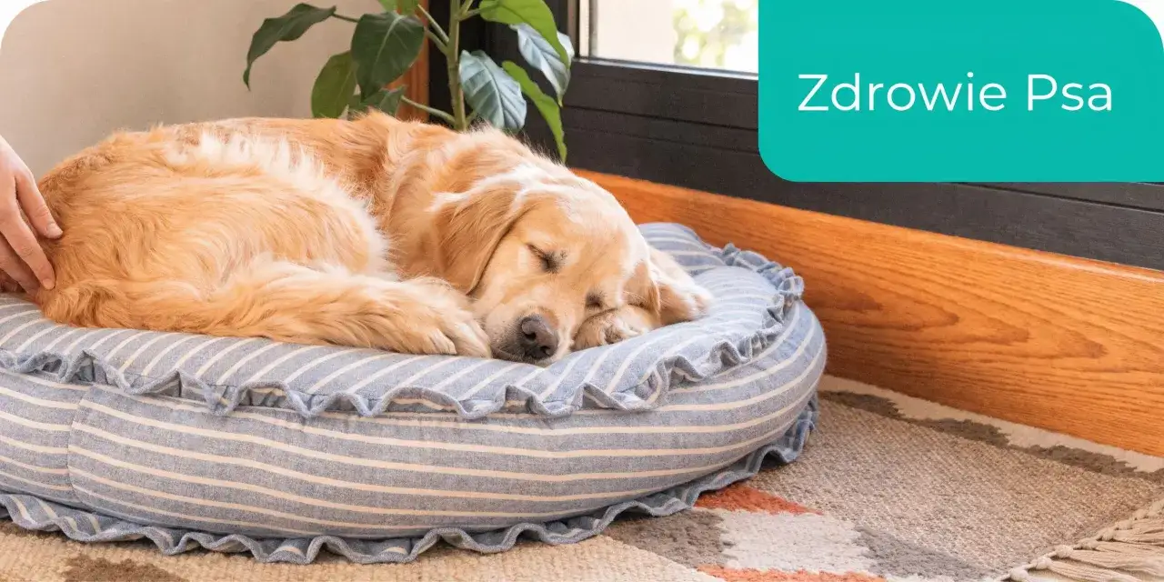 Złoty retriever śpi na wygodnym legowisku. To idealne miejsce, gdzie powinien spać szczeniak, zapewniając mu komfort i bezpieczeństwo.