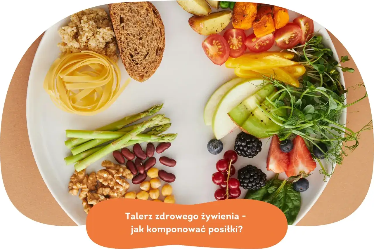 Talerz zdrowego żywienia z warzywami, owocami, orzechami, fasolą, kaszą, makaronem i chlebem.