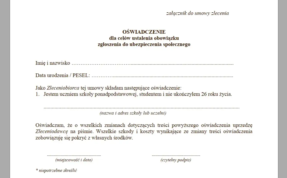 Umowa zlecenie student uczeń ZUS