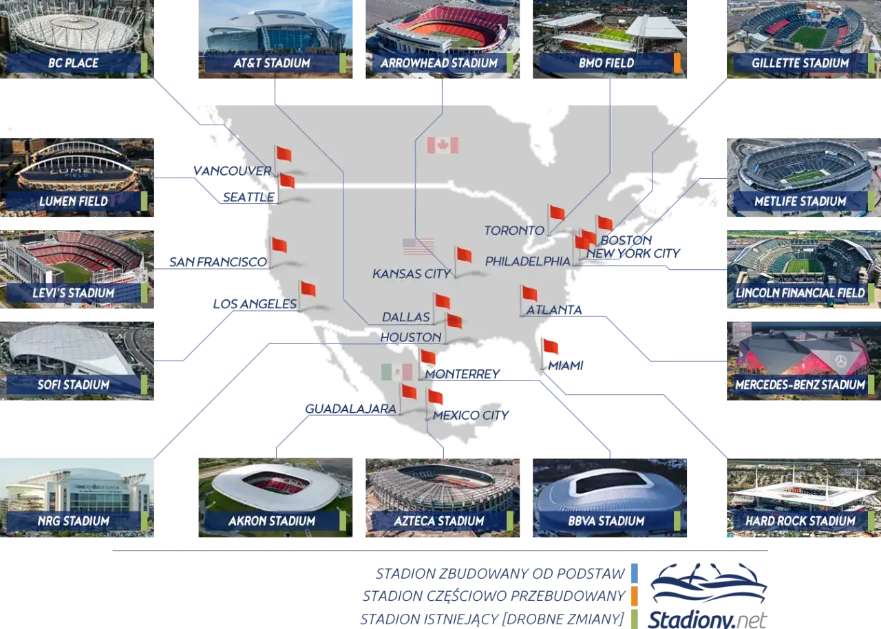 Mapa stadion&oacute;w Mundial 2026 USA Meksyk Kanada