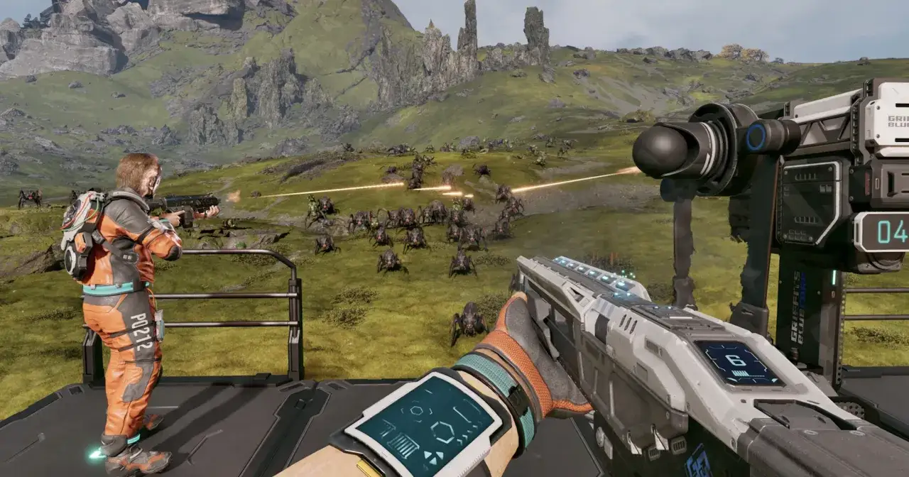 Gracz w popularnych grach komputerowych walczy z hordą pająk&oacute;w na obcej planecie.