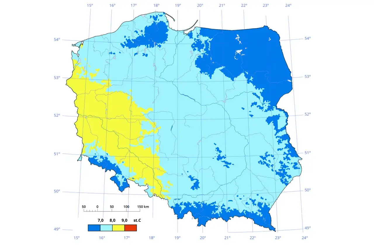 Mapa Polski z zaznaczonymi strefami klimatycznymi. Czy klimat Polski bywa określany jako kontrastowy? Widać wyraźne różnice temperatur między zachodem a wschodem.