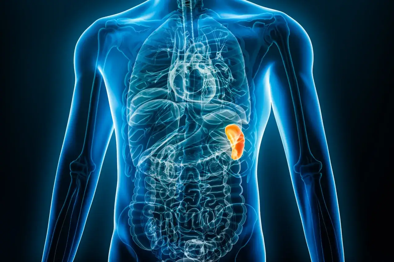 Anatomical illustration showing the human torso with internal organs. The spleen, highlighted in orange, is visible in the upper left abdomen.