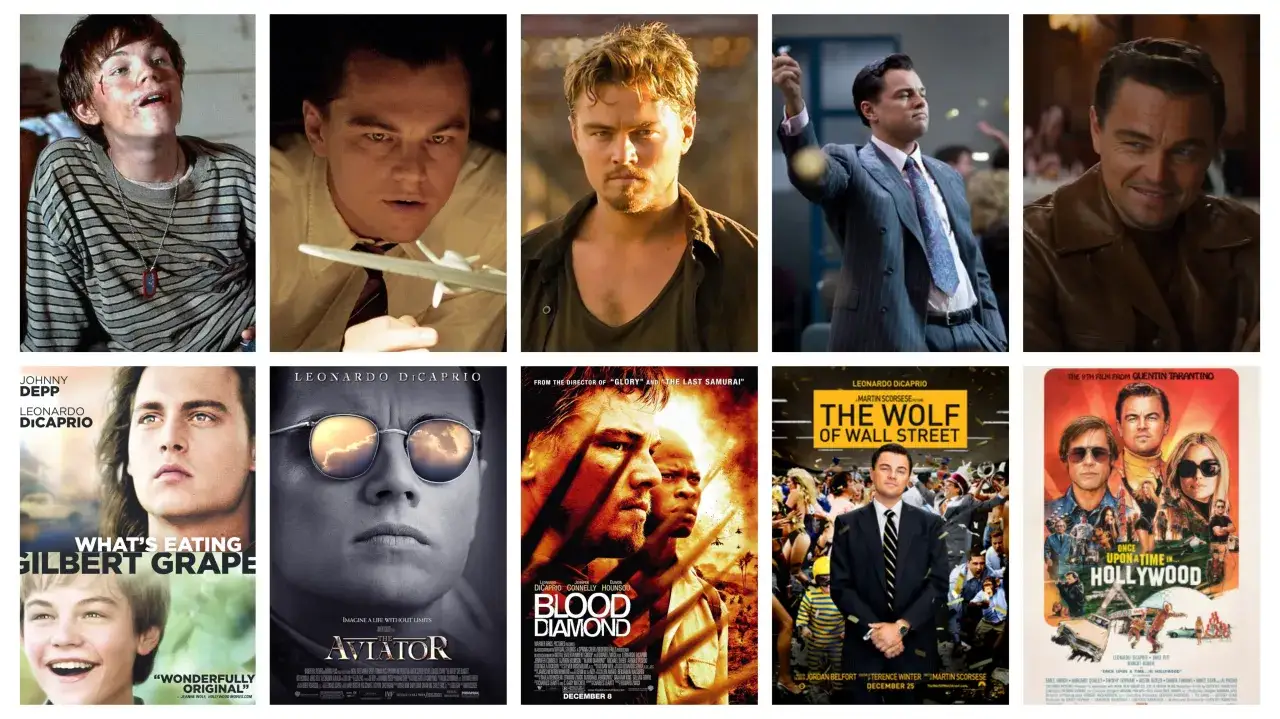 Kolaż zdjęć i plakatów filmowych z Leonardo DiCaprio, pokazujący jego role w filmach takich jak 