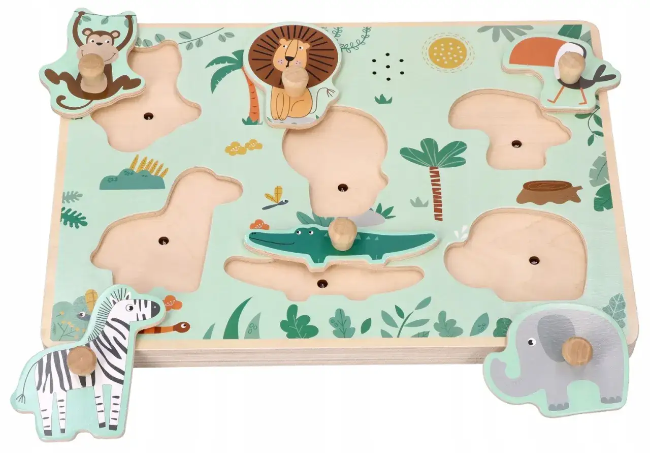 Drewniana układanka dla dzieci z motywem dżungli. Zwierzątka jak lew, małpa, słoń, zebra, krokodyl i toucan czekają na swoje miejsce.