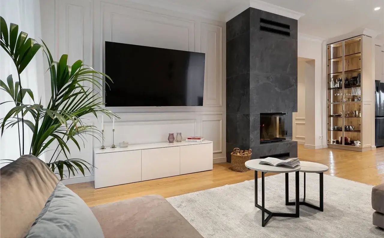 Nowoczesny kominek w salonie, obok telewizora i rośliny, tworzy przytulną atmosferę.