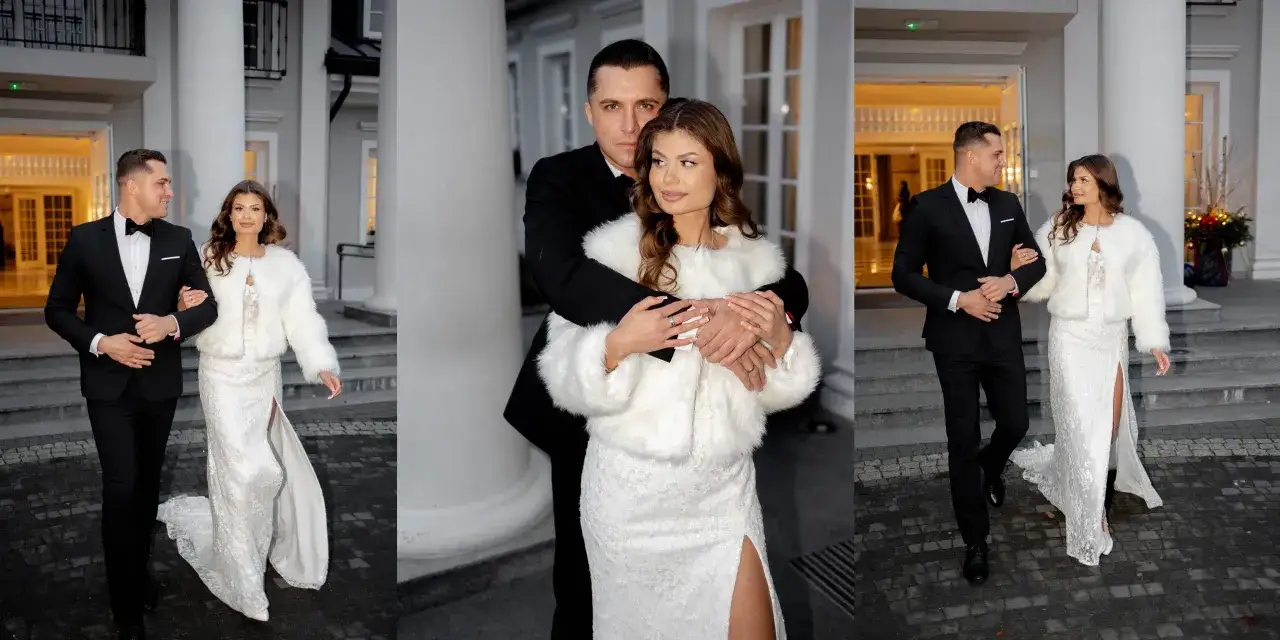 Panna młoda w futrzanej etoli lub wełnianym płaszczu ślubnym