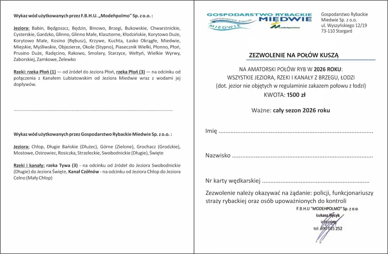 Zezwolenie na amatorski poł&oacute;w ryb OIRM wz&oacute;r