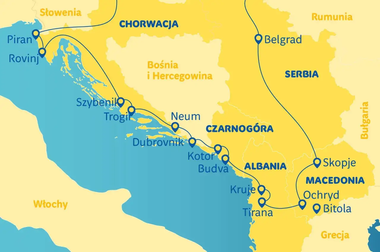 Mapa pokazuje trasę podr&oacute;ży przez Bałkany, zaznaczając miasta takie jak Dubrownik, Kotor, Tiranę i Skopje. Widać, gdzie leży Albania, między Czarnog&oacute;rą a Macedonią.