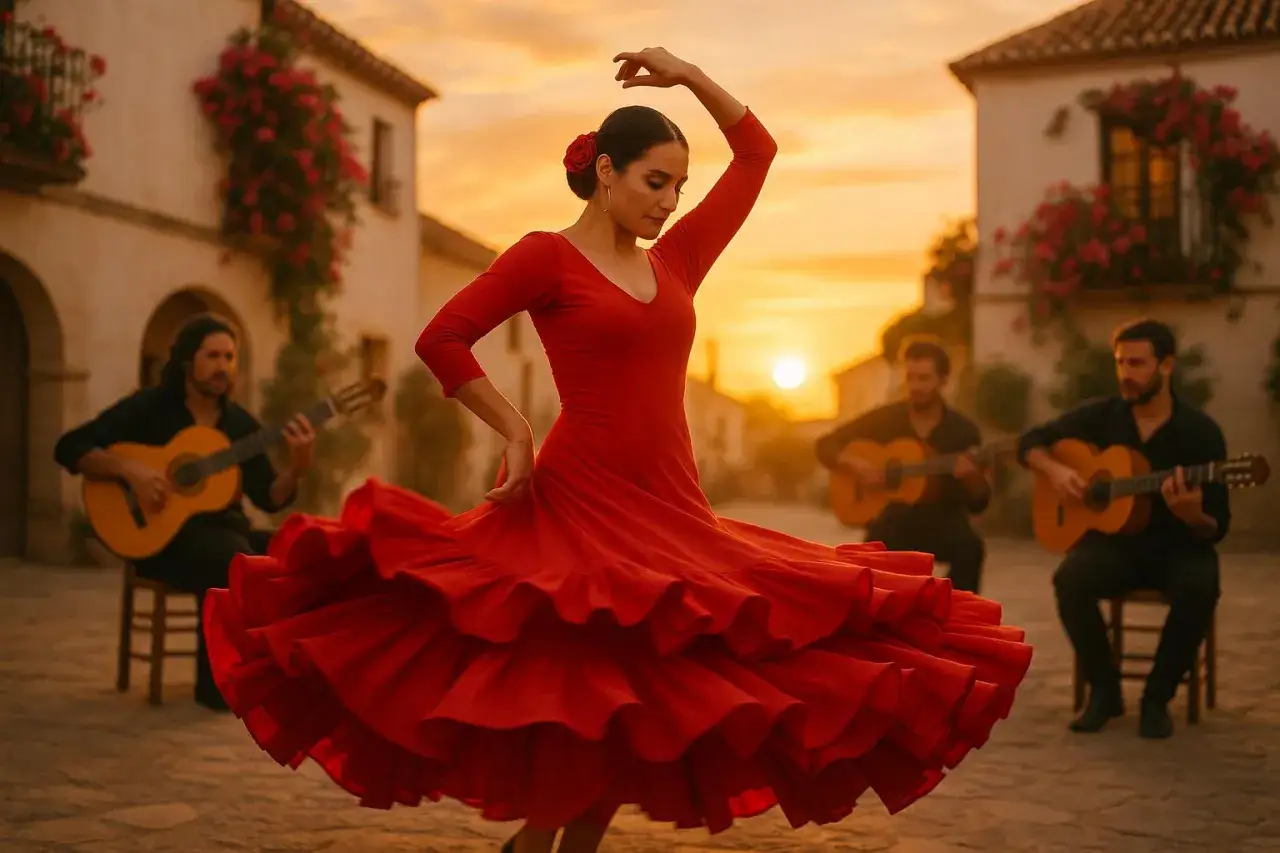 Tancerka w czerwonej sukni wiruje w rytm muzyki granej przez gitarzystów. To kwintesencja tego, co to flamenco – pasja, rytm i emocje.