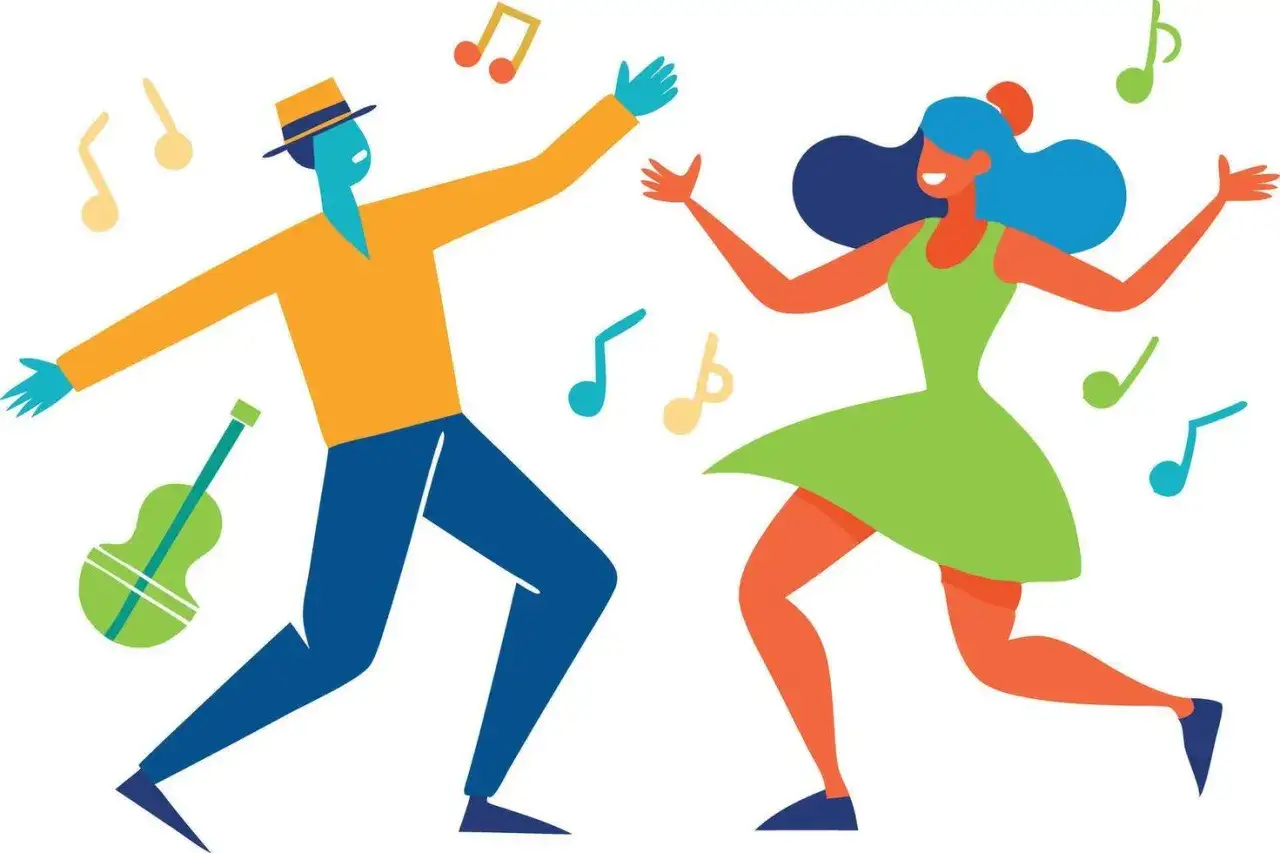 Radosne układy taneczne do znanych piosenek. Para wesoło pląsa w rytm muzyki, otoczona nutami i gitarą.