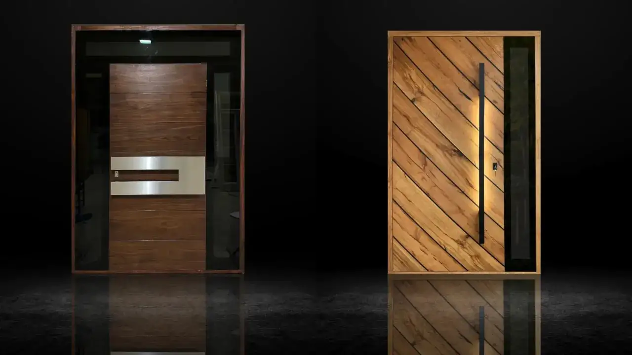 Dwa nowoczesne wzory drzwi wewnętrznych drewnianych: ciemne z przeszkleniem i jasne z ukośnymi deskami.