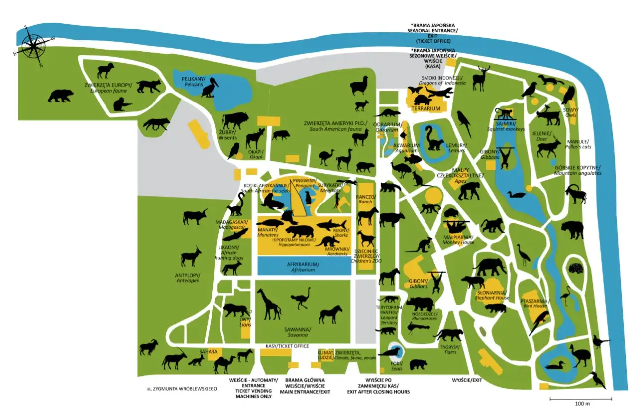 Mapa największego zoo w Polsce z zaznaczonymi zwierzętami: od lw&oacute;w i tygrys&oacute;w po pelikany i małpy.
