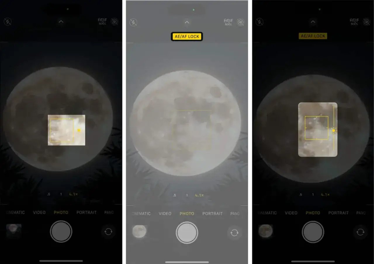 Jak zrobić zdjęcie księżyca iPhone? Zablokuj ekspozycję i ostrość (AE/AF LOCK) na Księżycu, by uzyskać najlepszy efekt.