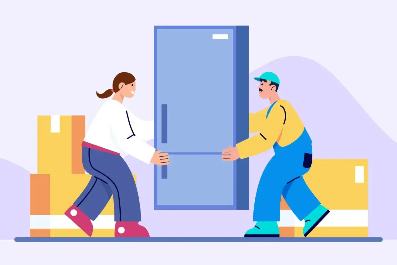 Dwie osoby wsp&oacute;lnie przenoszą dużą, niebieską lod&oacute;wkę. To dobry przykład, jak przewieźć lod&oacute;wkę bezpiecznie i sprawnie, z pomocą przyjaciela lub profesjonalisty.