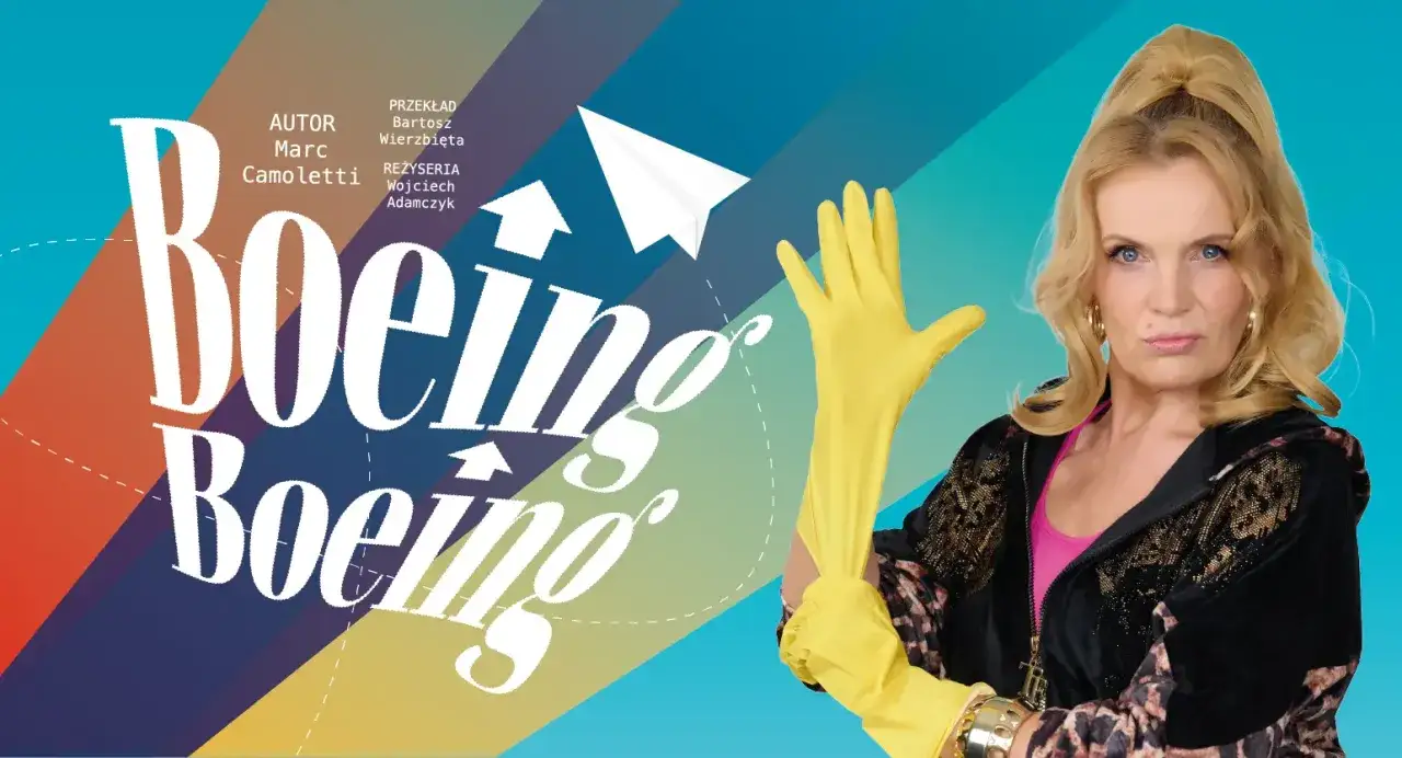 Boeing Boeing obsada: kobieta w żółtych rękawiczkach i drapieżnym stroju, obok tytuł sztuki i samolot z papieru.