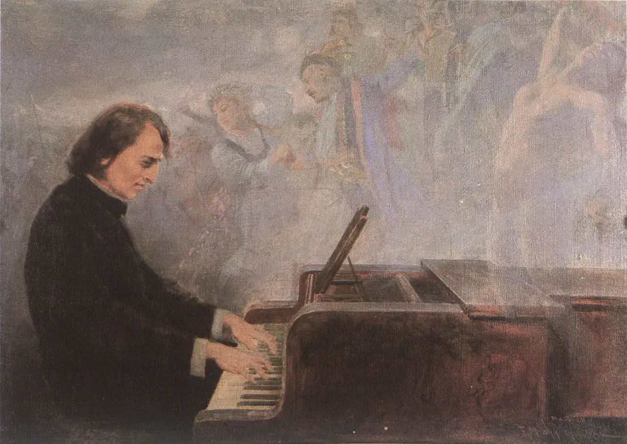 Chopin gra na fortepianie, a w tle unoszą się eteryczne postacie, jakby inspirowane jego muzyką, tworząc wizualny wiersz.