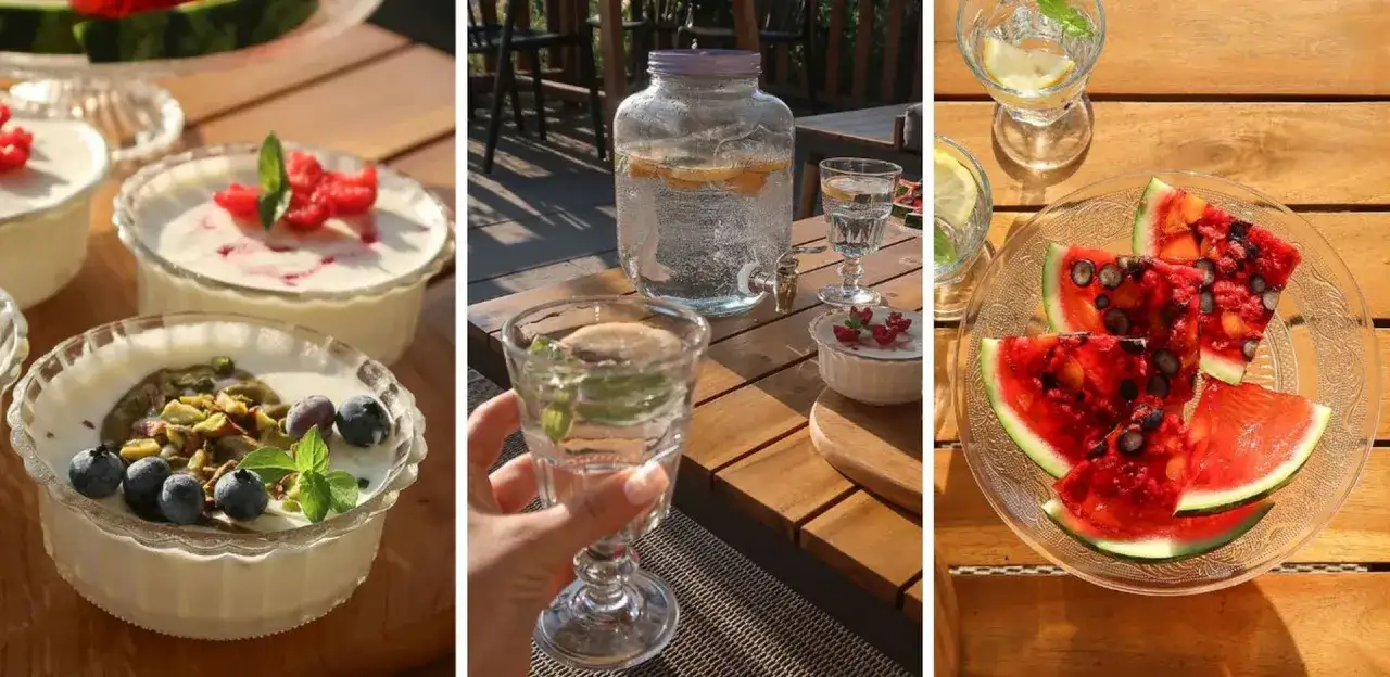 Domowe ciasto i lemoniada na stole w ogrodzie