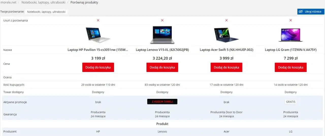 porównanie specyfikacji laptopów