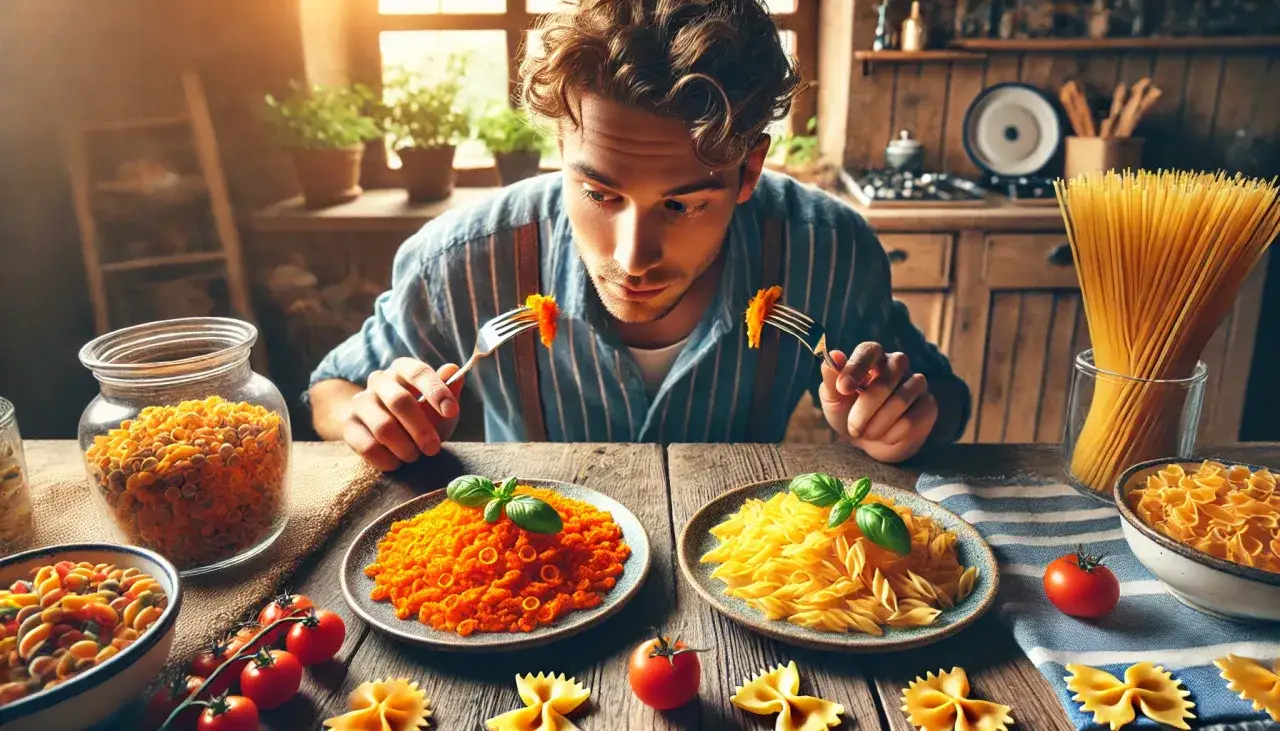 Mężczyzna rozważa wybór: makaron z soczewicy vs pszenny. Na stole dwa talerze z różnymi rodzajami makaronu i składniki.