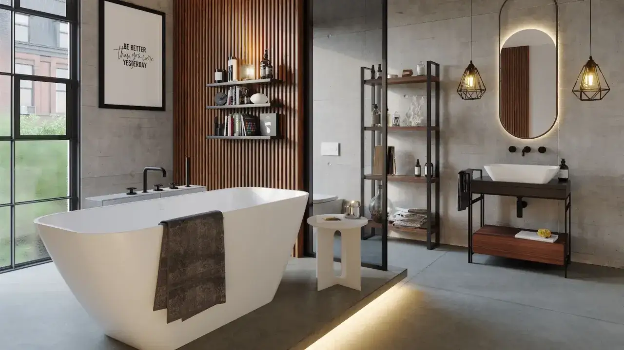 Nowoczesna łazienka industrialna aranżacje: wolnostojąca wanna, beton, drewno, metalowe regały i lustro z podświetleniem.