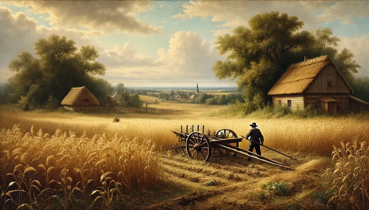 Wiejski krajobraz z polem zboża, chatą i wozem. Konwencja realistyczna przykłady.