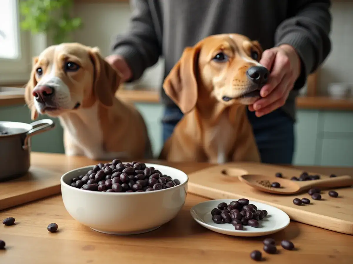 Dwa psy patrzą na miskę z fasolą jaś. Czy pies może jeść fasolę jaś? To pytanie nurtuje właścicieli.